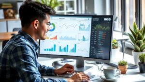 Une personne analyse des données de recherche sur un ordinateur dans un bureau moderne.