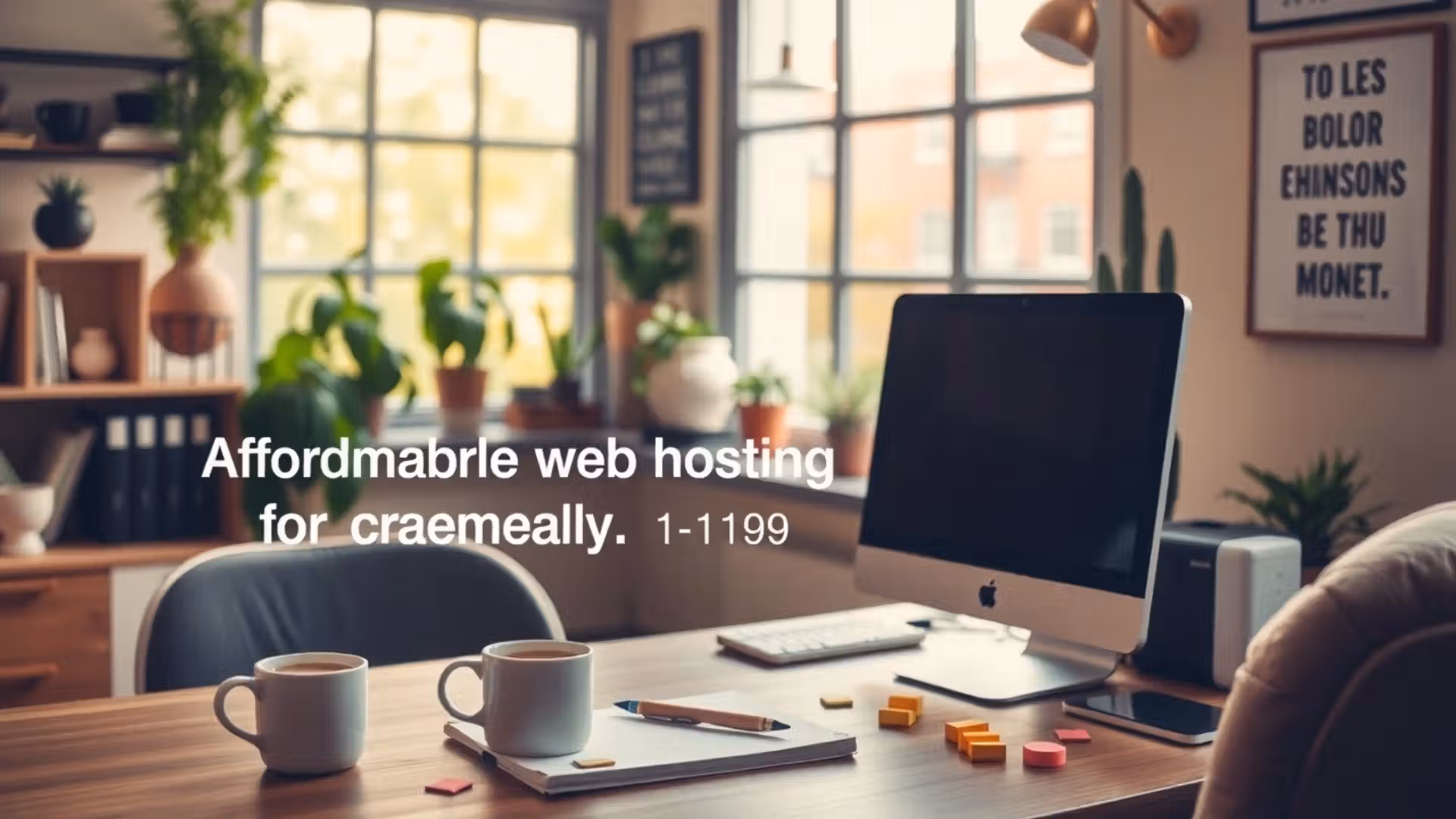 Un bureau accueillant avec un ordinateur moderne et une atmosphère chaleureuse, représentant des alternatives d'hébergement abordable.