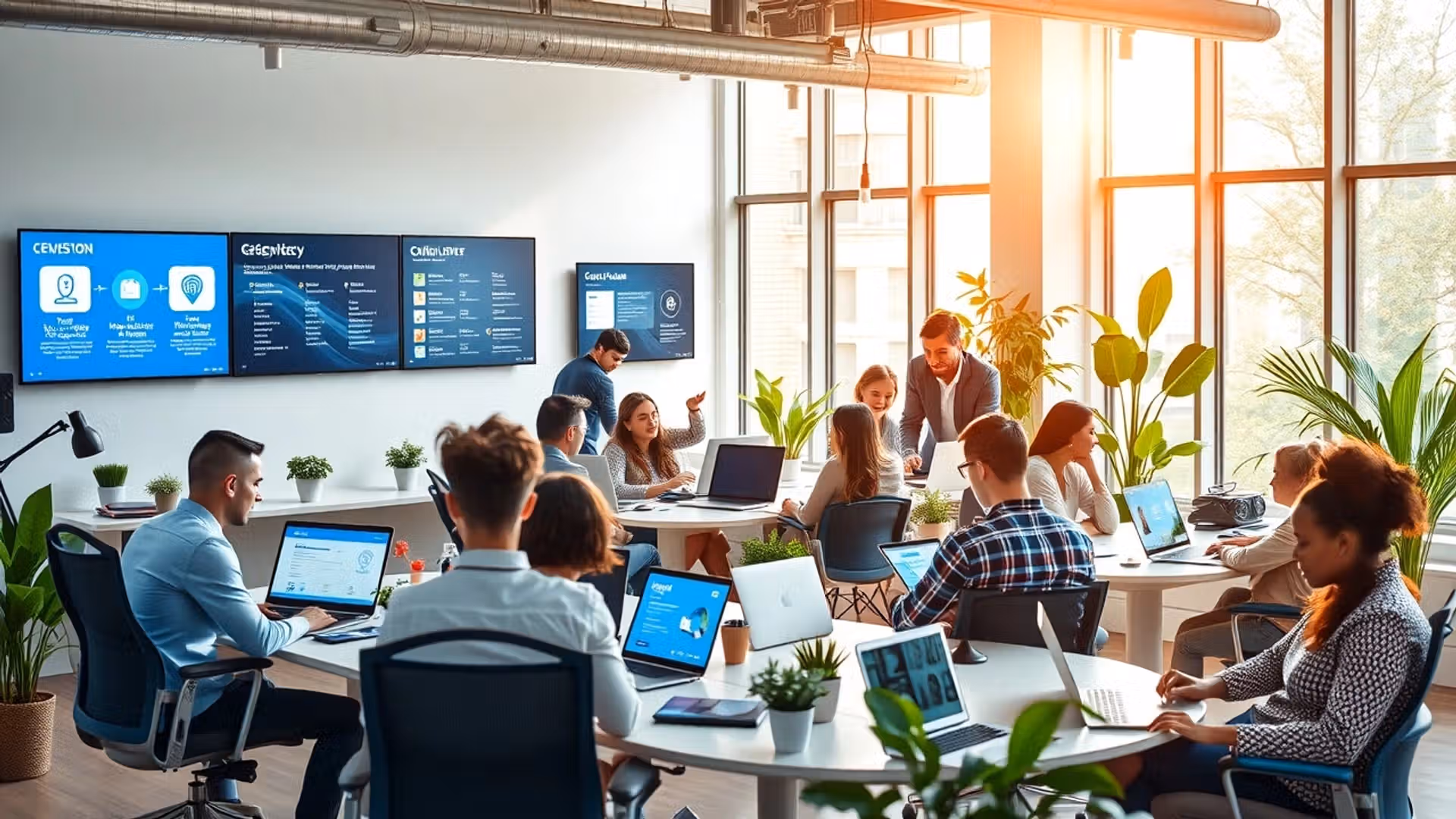 Un environnement de bureau animé avec des entrepreneurs francophones travaillant sur des ordinateurs portables.