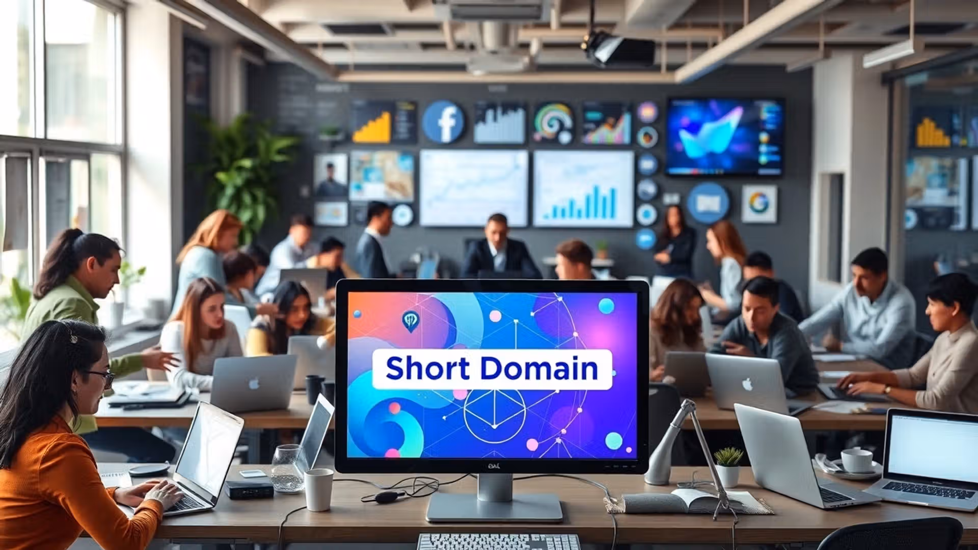 Une équipe dynamique dans un bureau de marketing digital, mettant en avant les avantages d'un domaine court.