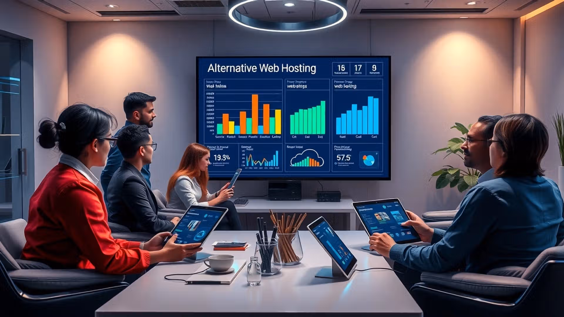 Bureau moderne en 2025 avec des professionnels analysant des services d'hébergement alternatif.