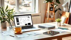 Un bureau moderne avec un ordinateur portable montrant un processus de conception de site web lié à l'optimisation des noms de domaine.