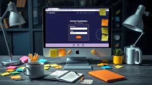 Bureau moderne avec une ordinateur montrant une page d'enregistrement de domaine