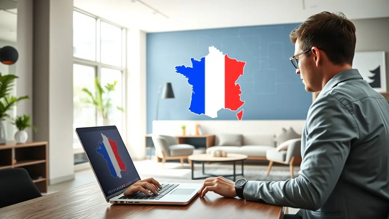 Bureau moderne français illustrant l'utilisation des extensions géographiques pour les entreprises.