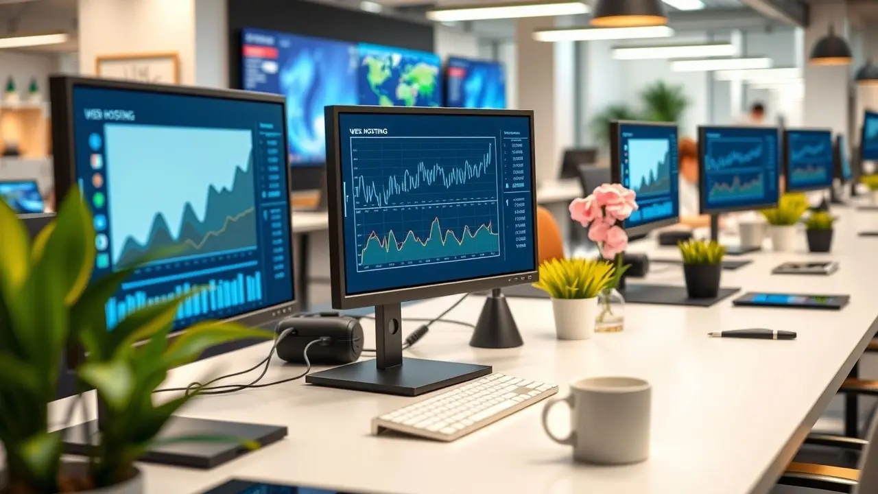 Bureau moderne avec des ordinateurs mettant en avant des graphiques sur l'hébergement web.