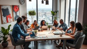 Un bureau moderne de startup en France avec des entrepreneurs divers brainstormant ensemble.