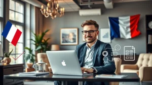 Une image illustrant un entrepreneur français travaillant dans un bureau moderne, mettant en avant l'importance d'un hébergeur français.