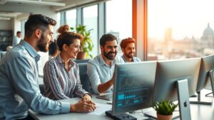 Bureau moderne d'hébergement web avec des professionnels travaillant sur des projets numériques.