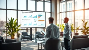 Une représentation d'un espace de bureau moderne avec des professionnels discutant des critères d'évaluation des registrars de noms de domaine.