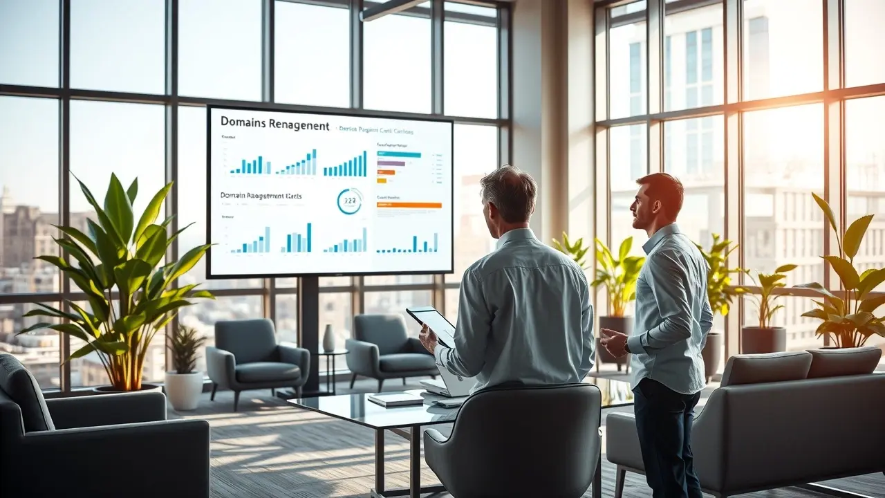 Une représentation d'un espace de bureau moderne avec des professionnels discutant des critères d'évaluation des registrars de noms de domaine.