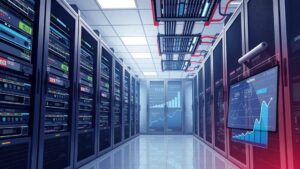 Une illustration d'un centre de données moderne pour l'hébergement web en France.