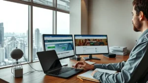 Un bureau serein avec une personne comparant des sites de registraires de noms de domaine.