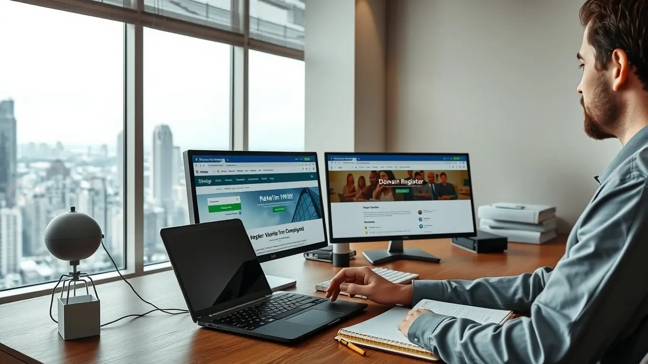Un bureau serein avec une personne comparant des sites de registraires de noms de domaine.
