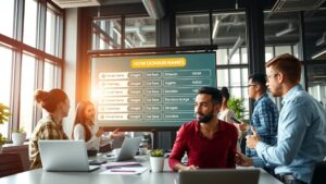 Scène moderne de stratégie marketing numérique avec des professionnels discutant de noms de domaine.