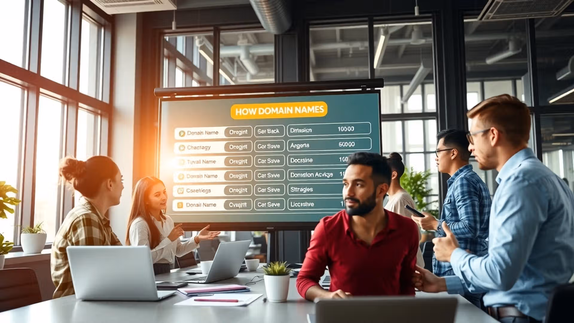 Scène moderne de stratégie marketing numérique avec des professionnels discutant de noms de domaine.