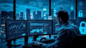 Un professionnel de la cybersécurité analysant des données d'enregistrement de domaines avec des graphiques de sécurité numérique en arrière-plan.