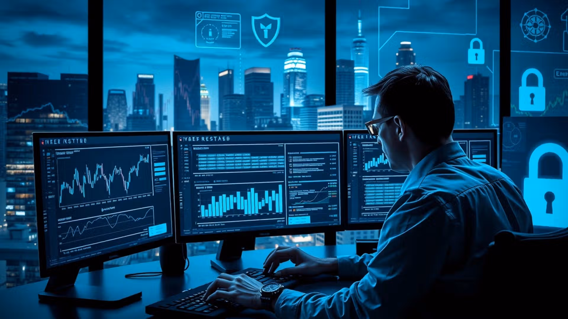 Un professionnel de la cybersécurité analysant des données d'enregistrement de domaines avec des graphiques de sécurité numérique en arrière-plan.