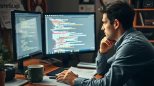 Une personne réfléchissant à l'achat d'un nom de domaine devant un ordinateur.