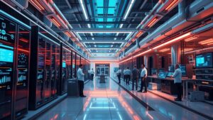 Illustration d'un centre d'hébergement web futuriste en 2025 avec intelligence artificielle et edge computing.