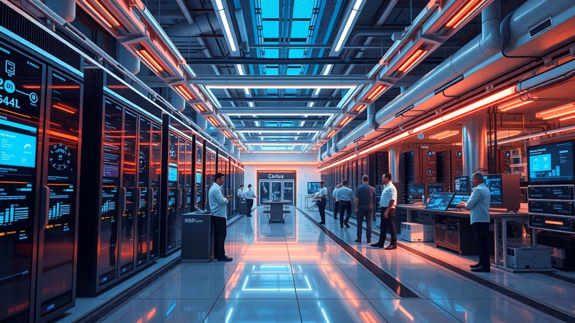 Illustration d'un centre d'hébergement web futuriste en 2025 avec intelligence artificielle et edge computing.