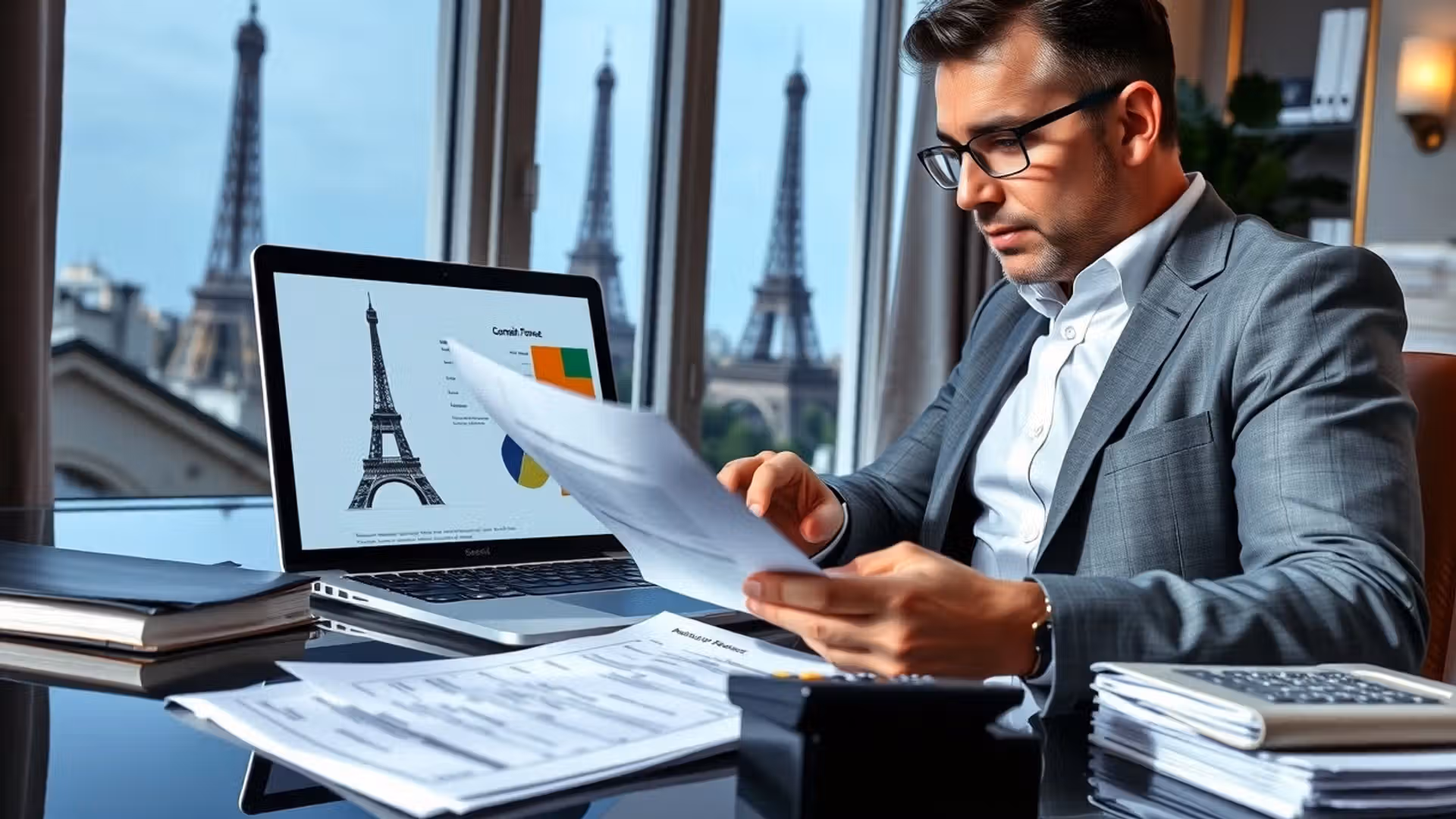 Un homme d'affaires examine des documents financiers sur l'enregistrement d'un nom de domaine en France.