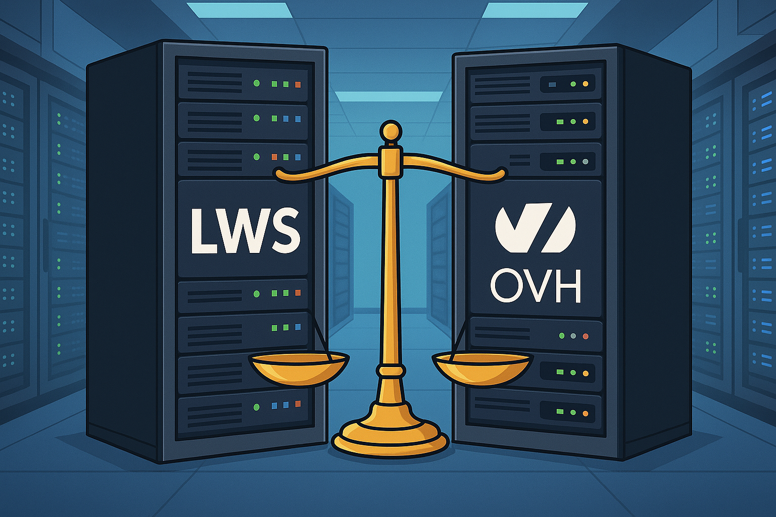 a cartoon of a gold scale between two black servers