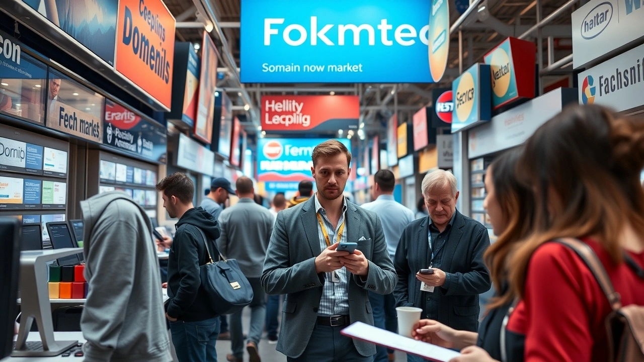 marché technologique avec clients discutant des noms de domaine