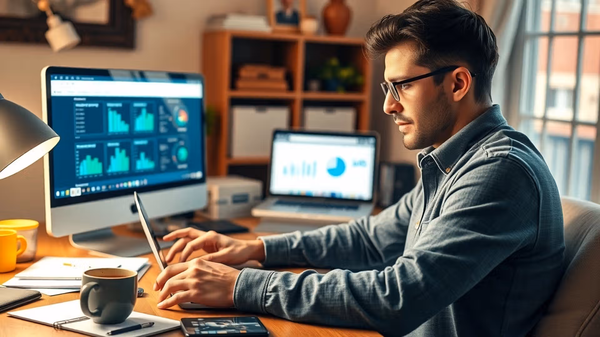Une personne examinant des options d'hébergement web dans un bureau à domicile.