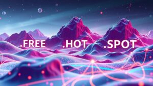 Illustration d'un paysage numérique futuriste représentant les nouvelles extensions gTLD .FREE, .HOT et .SPOT.