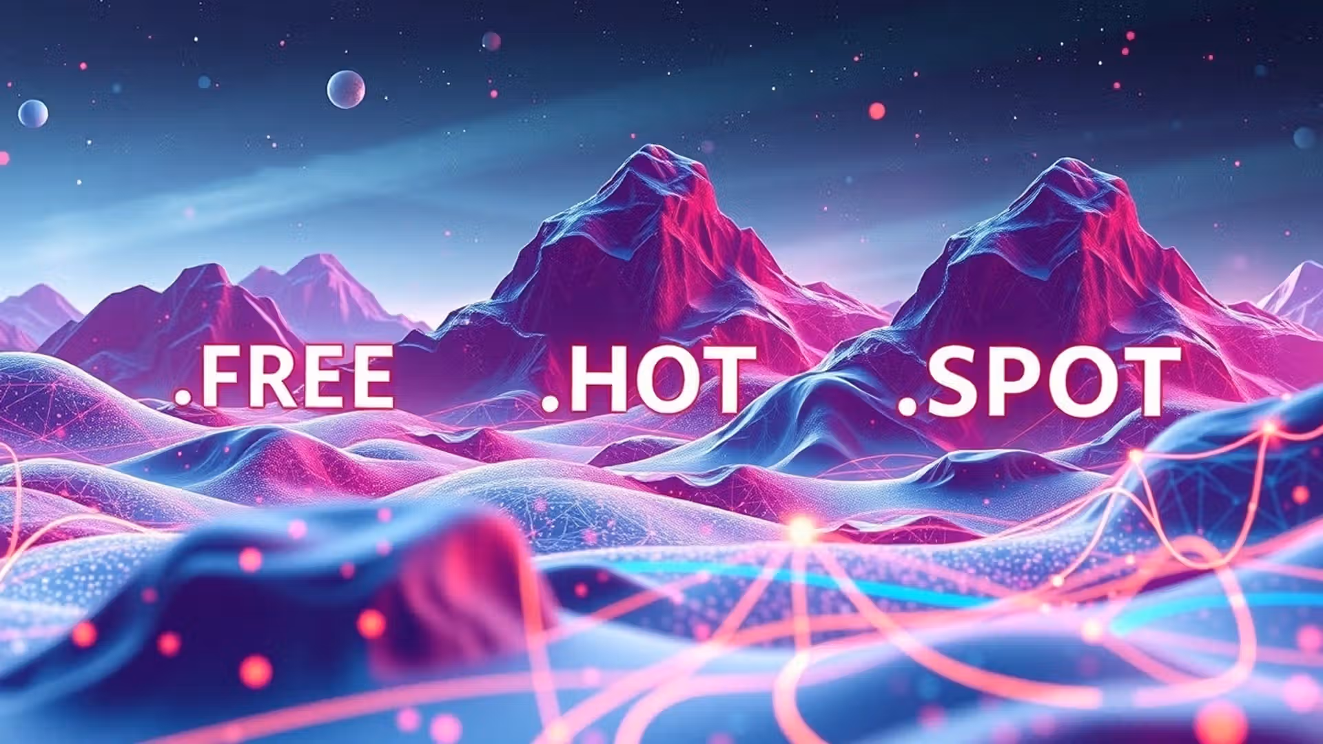 Illustration d'un paysage numérique futuriste représentant les nouvelles extensions gTLD .FREE, .HOT et .SPOT.