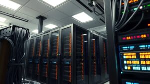 Une salle de serveurs moderne et photoréaliste montrant des serveurs d'hébergement web performants.