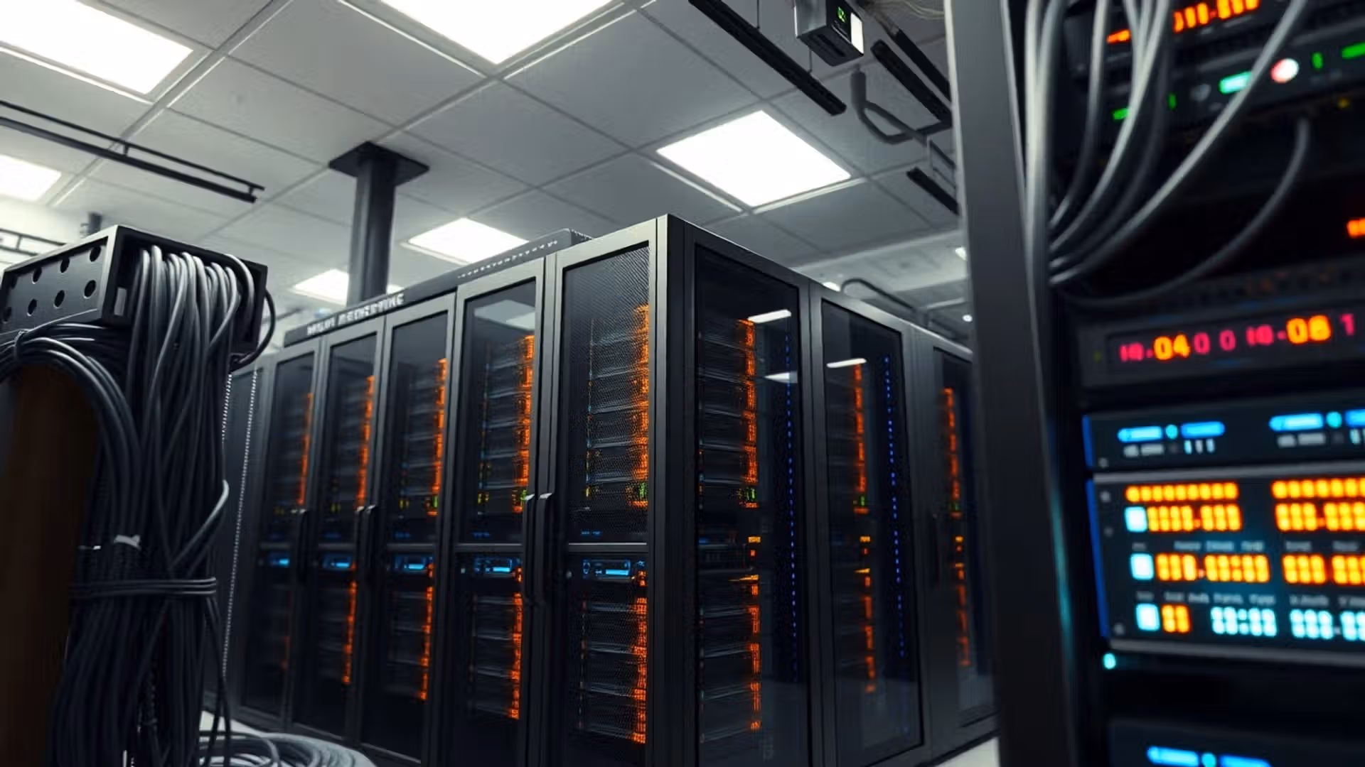 Une salle de serveurs moderne et photoréaliste montrant des serveurs d'hébergement web performants.