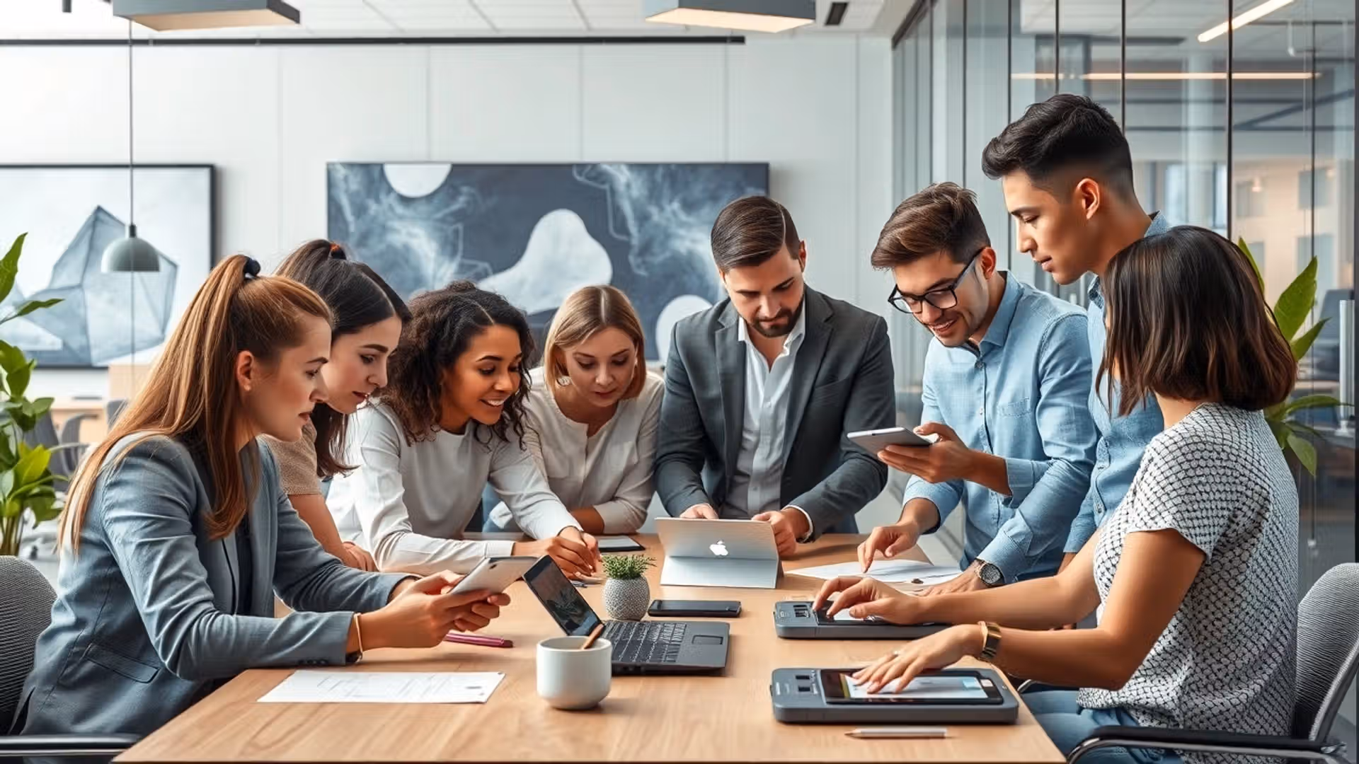 Une image illustrant un environnement professionnel moderne avec des personnes collaborant sur des tendances de nommage d'entreprise.