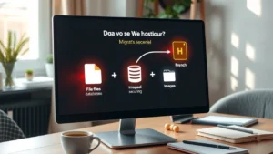 Une scène montrant le transfert de données d'Hostinger vers un hébergeur français sur un écran d'ordinateur.