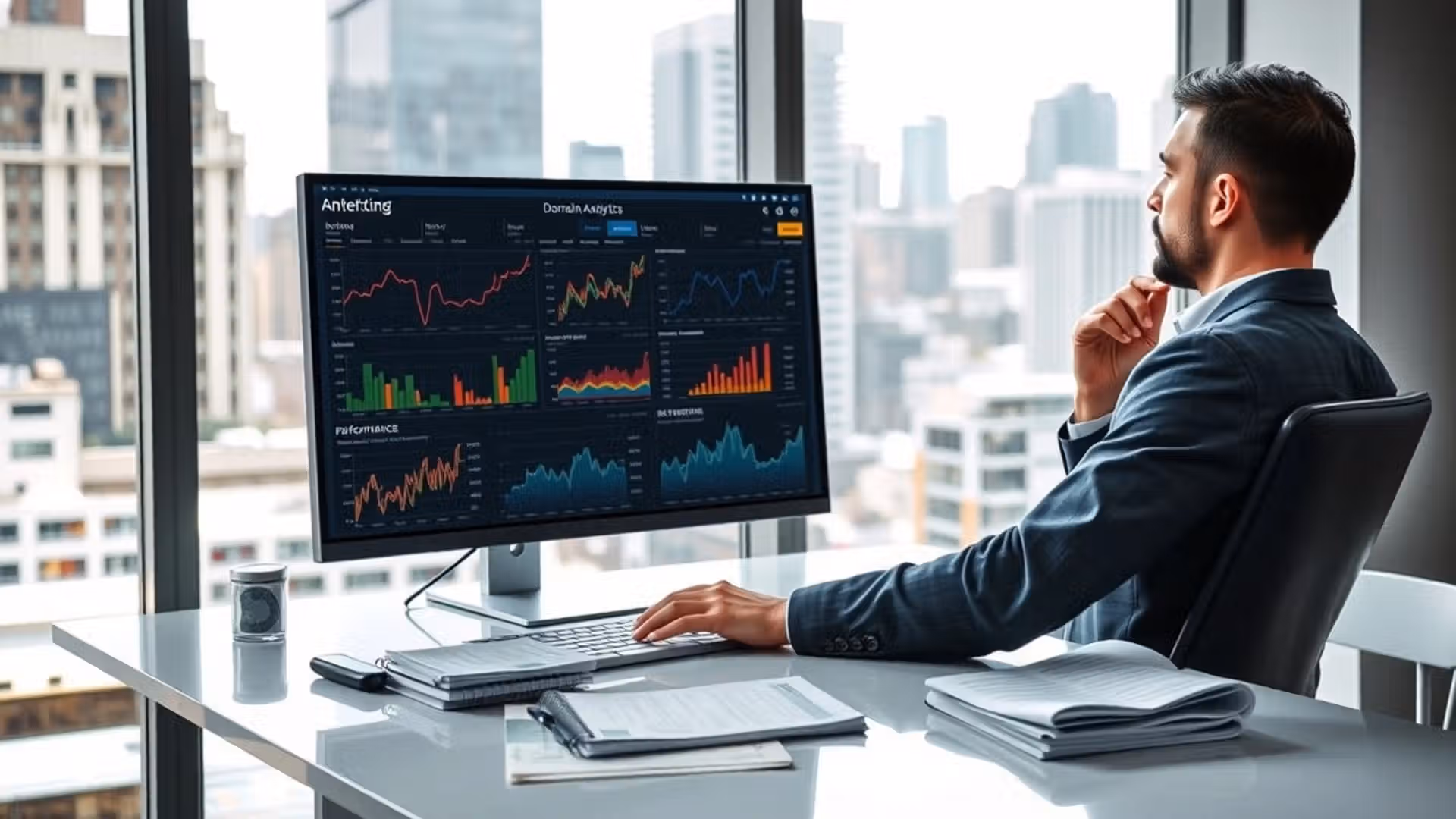 Une image illustrant un analyste de performance numérique examinant des analyses de domaine.