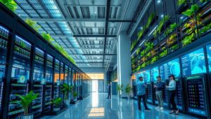 Un centre de données futuriste pour l'hébergement web en 2025, mettant en avant la technologie verte.