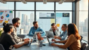 Une scène de bureau moderne montrant des professionnels analysant des données pour choisir un nom de domaine pertinent.