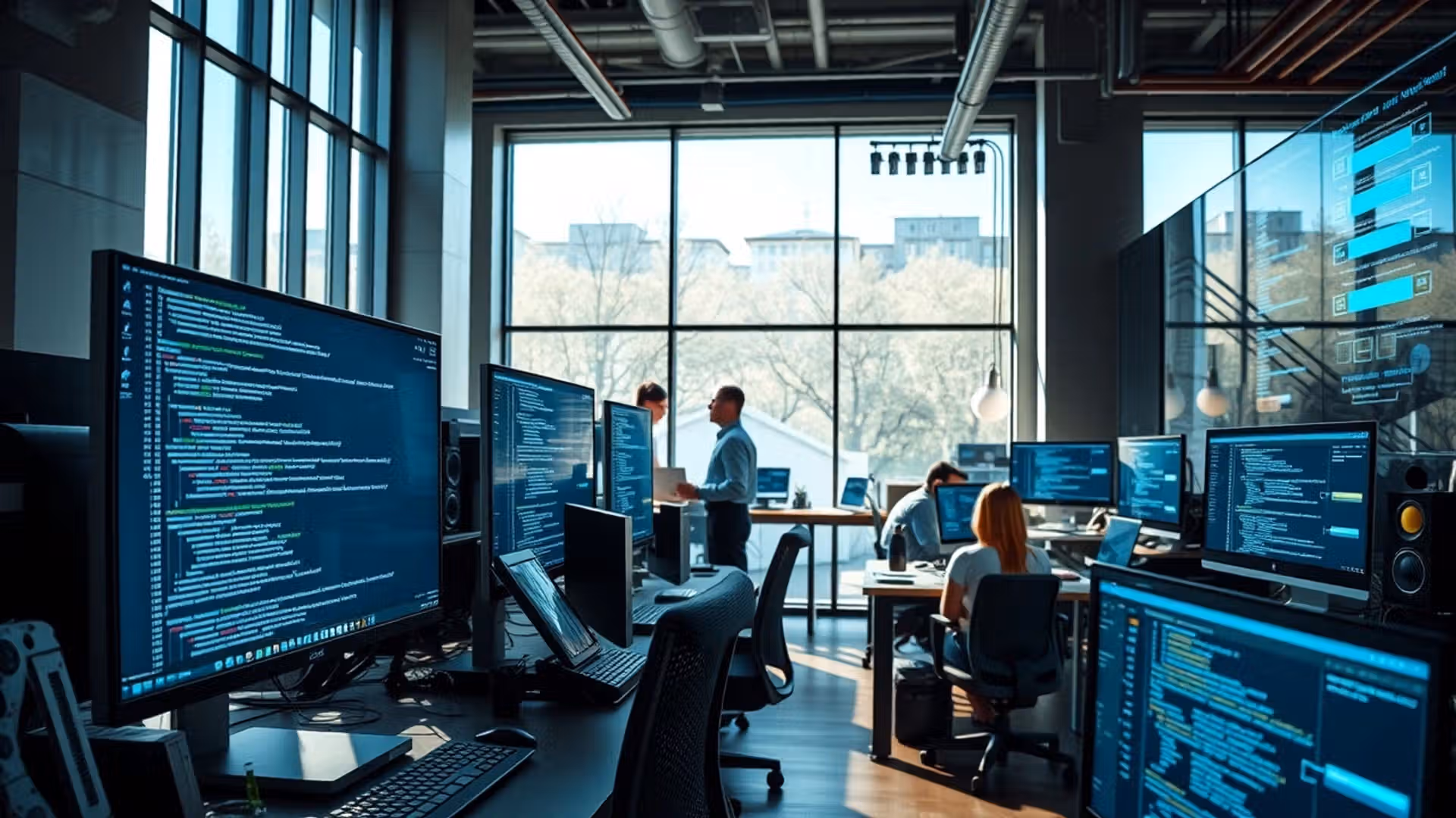 Une image d'un environnement de bureau moderne et technologique illustrant l'automatisation pour revendeurs et développeurs web.