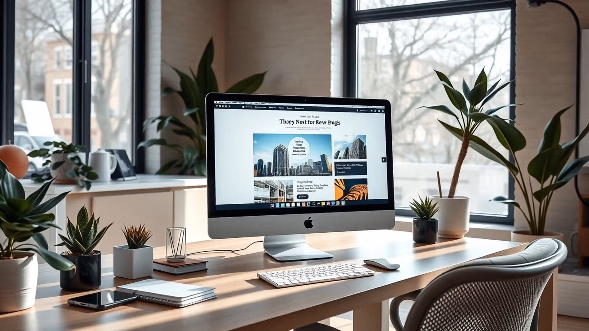 Un bureau moderne pour blogueurs en 2025 avec ordinateur et décoration élégante.