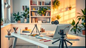 Un bureau moderne pour créateurs de contenu avec un ordinateur et des fournitures artistiques.