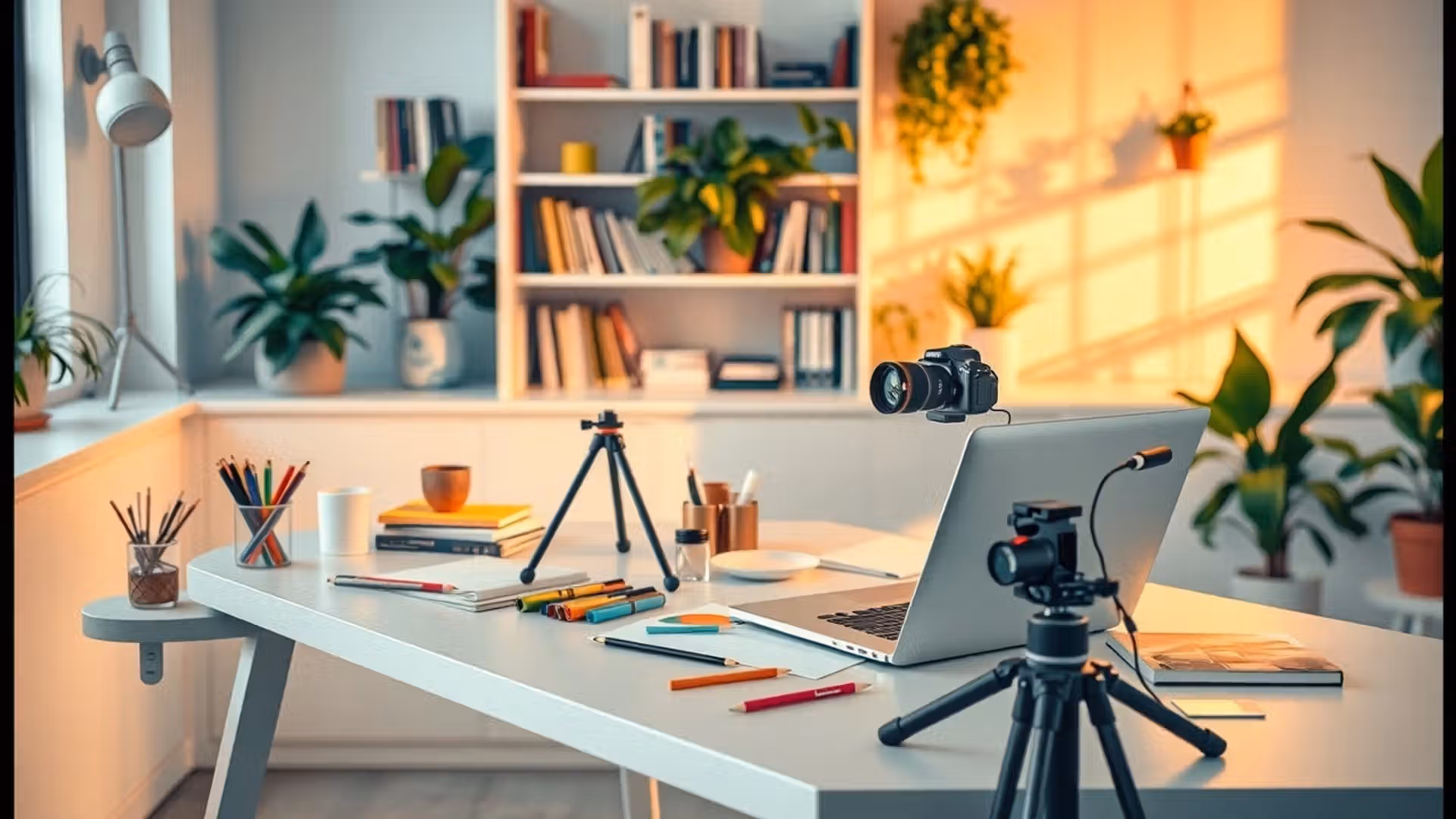Un bureau moderne pour créateurs de contenu avec un ordinateur et des fournitures artistiques.