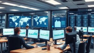 Image d'un bureau moderne avec des développeurs travaillant sur le référencement local.