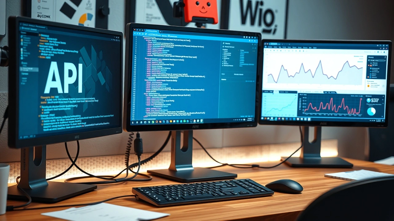 bureau avec ecrans montrant code API et analyses dhebergement