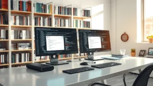 Bureau moderne d'un fournisseur d'hébergement indépendant avec des ordinateurs et des livres