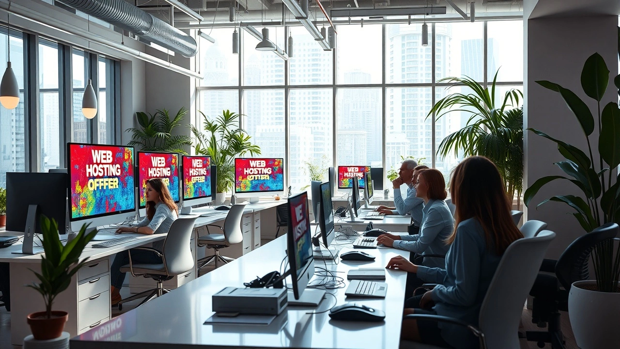 Une scène de bureau futuriste illustrant des offres d'hébergement web en 2025.