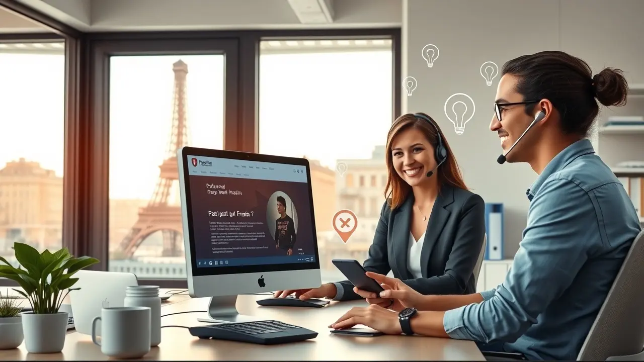 Une représentation photoréaliste d'un environnement de bureau moderne d'une entreprise d'hébergement web française.