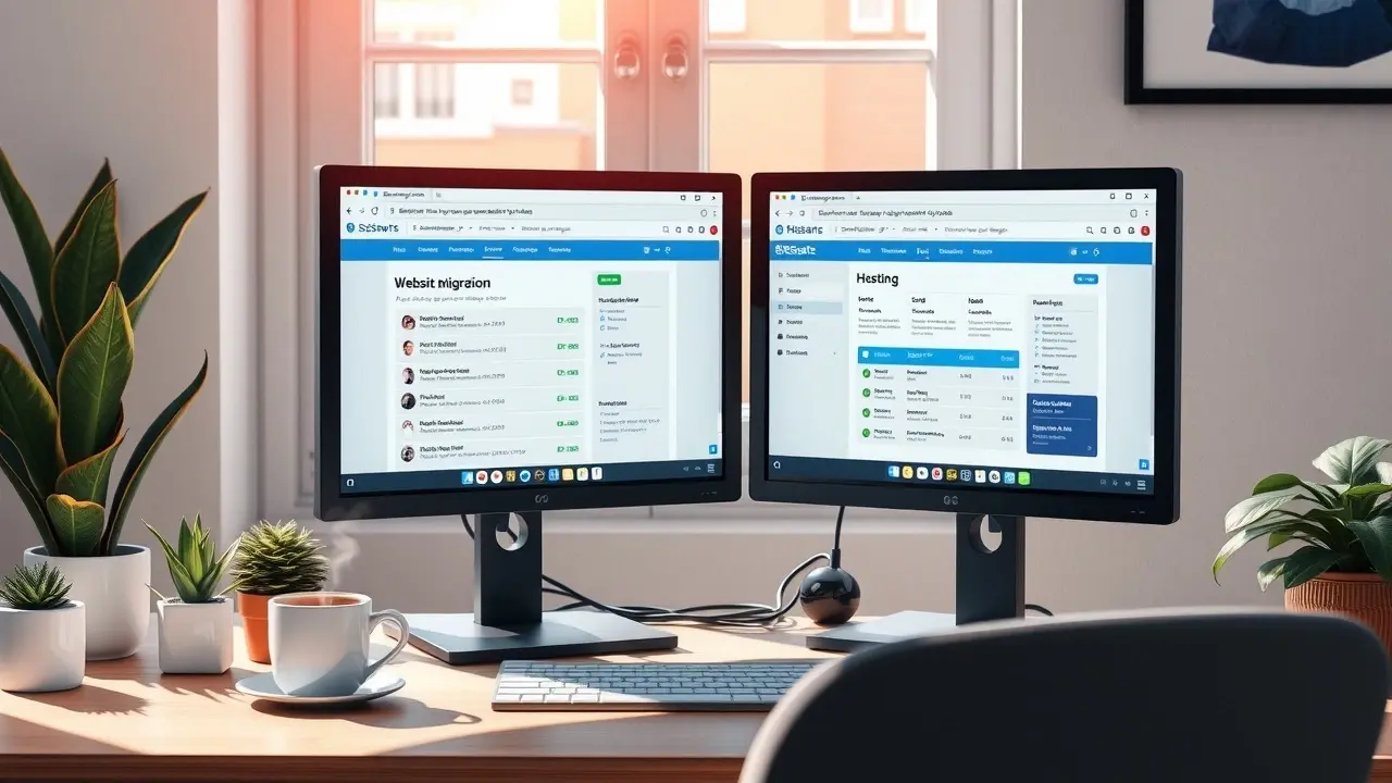 Un environnement de bureau tranquille avec un ordinateur montrant des outils de migration de site web.