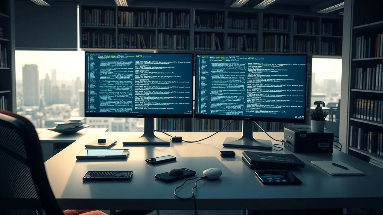 Bureau moderne avec ordinateurs et dispositifs numériques sur la cybersécurité
