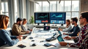 Un bureau moderne avec des professionnels collaborant sur des offres web personnalisées.