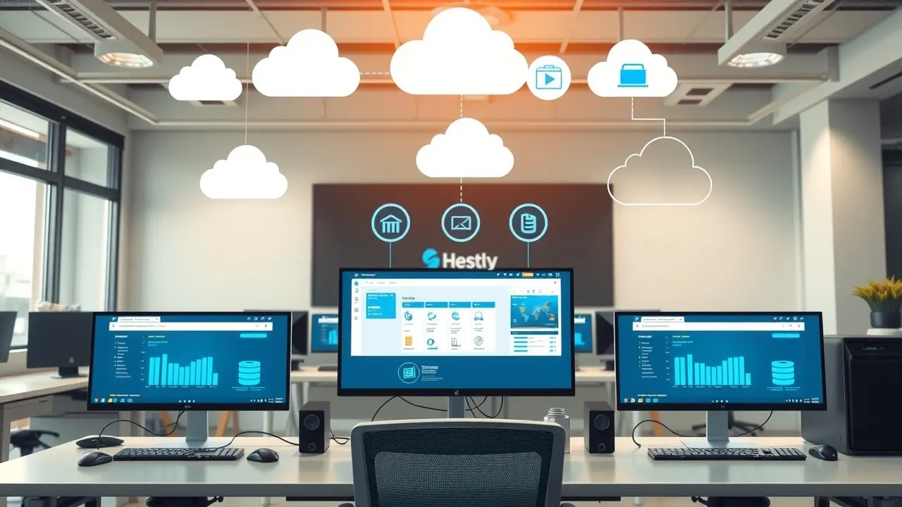 Illustration d'un bureau moderne démontrant des solutions d'hébergement web pour optimiser l'espace de stockage.